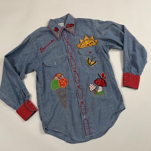 Vintage 1970's Patchwork Chambray "Donna" Mushrooms Butterfly Strawberry Embroidered Kawaii Shirt S