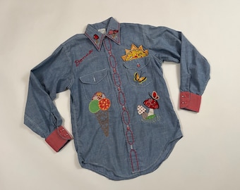 Vintage 1970's Patchwork Chambray "Donna" Mushrooms Butterfly Strawberry Embroidered Kawaii Shirt S