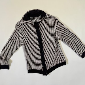 Cardigan vintage anni &#39;30 blu e bianco con texture, maglione in maglia di cotone anni &#39;20, effetto consumato, XS/S