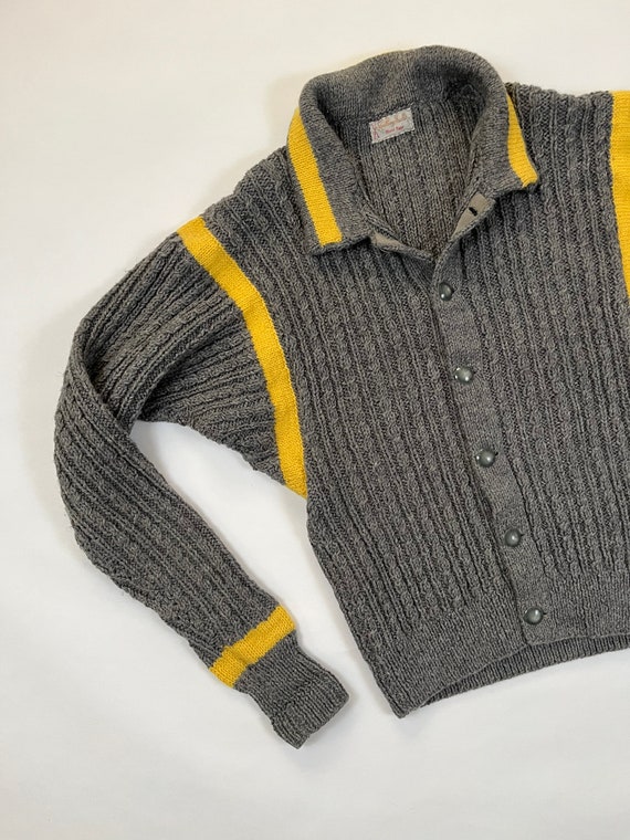 Vintage Handmade Collared Cardigan Yellow & Gray … - image 2