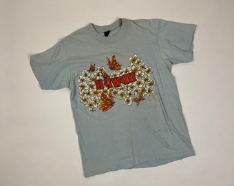 Vintage 70's Hawaii Butterfly Plumeria Heavy Label Poly Tees Distressed Book Club flocked letters T Shirt