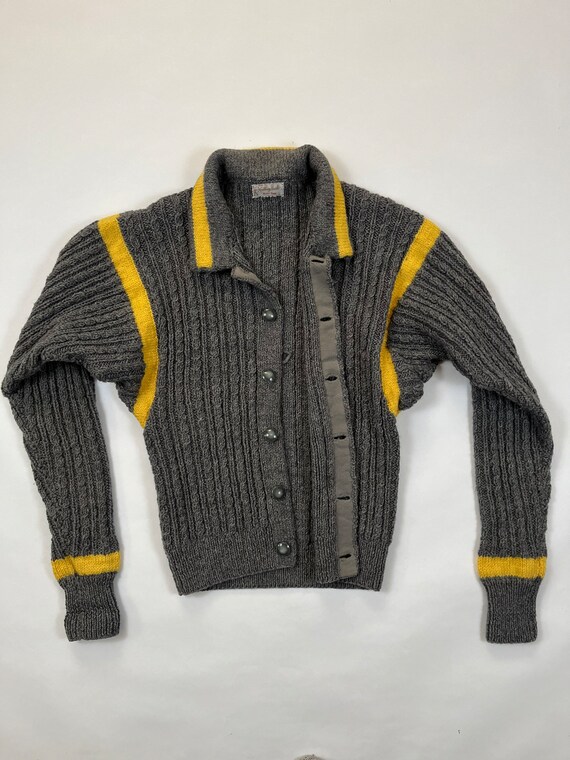 Vintage Handmade Collared Cardigan Yellow & Gray … - image 3