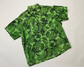 Vintage 1960's Sears Premiere Black & Green Floral Hibiscus Cotton Loop Collar Shirt XL