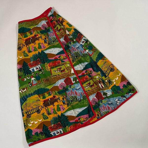 Vintage 1970's Novelty Print Countryside Farm Barnyard Meadowbank Stamford, CT Colorful Maxi Wrap Skirt S/M