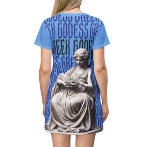 女神パンドラのグラフィティTシャツドレス、彫像デザインのレディースブルードレス、クールなストリートスタイル、バックプリントドレス、ファッション衣料