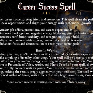 May include: A black and gold tarot card with the Roman numeral VII and the words "Career Success Spell" in a gold font. The card depicts a dark figure with a sword and a background of stars and planets. The text on the card describes the benefits of the spell, including attracting job offers, removing blockages, and increasing confidence.