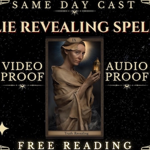 May include: An advertisement with a black background and gold accents. The text reads "LIE REVEALING SPELL" and "FREE READING." A central image depicts a woman holding a lantern. Text on the left says "VIDEO PROOF" and on the right, "AUDIO PROOF."