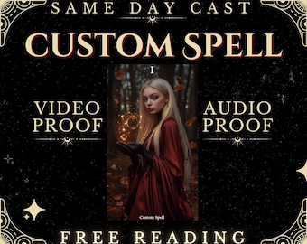 Puede incluir: Un gráfico negro y dorado con el texto "SAME DAY CAST CUSTOM SPELL" en una fuente grande. El gráfico también incluye el texto "VIDEO PROOF" y "AUDIO PROOF" en fuentes más pequeñas. El gráfico presenta a una mujer con una capa roja con un efecto mágico en el fondo. El texto "FREE READING" está en la parte inferior del gráfico.