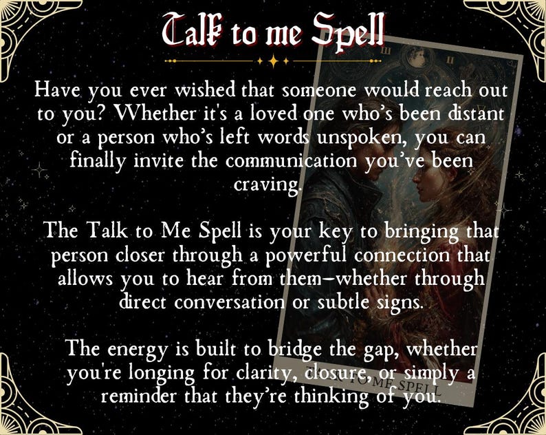 K&ouml;nnte beinhalten: Ein Schwarzwei&szlig;bild mit einem sich umarmenden Paar. Der Text lautet "Talk to me Spell". Der Text beschreibt einen Zauber, der dir helfen soll, dich mit jemandem zu verbinden, der distanziert ist oder Worte ungesprochen gelassen hat.