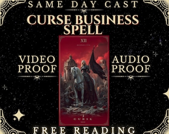 Puede incluir: Un gráfico rectangular con fondo negro y bordes decorativos dorados. El texto dice SAME DAY CAST, CURSE BUSINESS SPELL, VIDEO PROOF, AUDIO PROOF y FREE READING. Un panel central rojo muestra una figura sobre un caballo blanco.