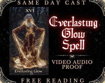 Puede incluir: Una lectura de tarot con la carta XVI, La Torre, que muestra a una mujer con un vestido rojo con luz brillante a su alrededor. El texto "Everlasting Glow Spell" está en letras rojas y blancas sobre un fondo negro.