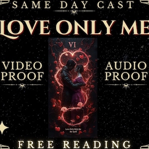 May include: A tarot card reading advertisement with the text "SAME DAY CAST LOVE ONLY ME" and "VIDEO PROOF" and "AUDIO PROOF". The card is the Six of Hearts and features a couple embracing in a red and black background with hearts and flowers.