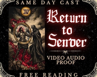 May include: An artistic digital illustration featuring a figure in armor reflected in a golden mirror, held by a cloaked figure. The image has a dark, mystical theme with the text "Return to Sender" in a glowing font. Additional text includes "Same Day Cast" and "Free Reading".