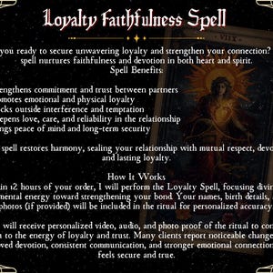 Puede incluir: Imagen digital con el texto "Loyalty Faithfulness Spell" en una fuente decorativa. La imagen incluye texto que describe los beneficios del hechizo y c&oacute;mo funciona, junto con una ilustraci&oacute;n de una figura con un halo.