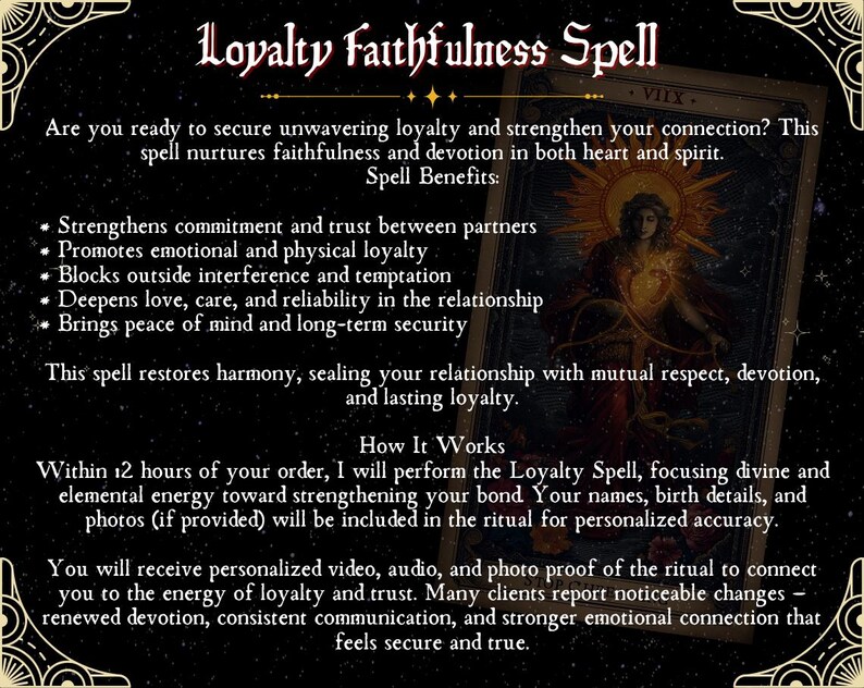 Puede incluir: Imagen digital con el texto "Loyalty Faithfulness Spell" en una fuente decorativa. La imagen incluye texto que describe los beneficios del hechizo y c&oacute;mo funciona, junto con una ilustraci&oacute;n de una figura con un halo.
