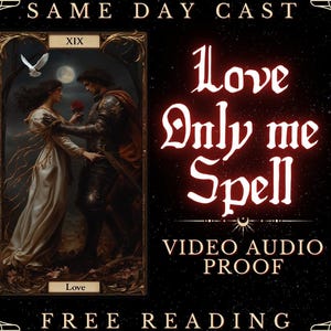 Pode incluir: Imagem de arte digital com uma carta de tarô com um casal e uma pomba, emoldurada em ouro. O texto "Love Only Me Spell" está em uma fonte decorativa. O texto adicional inclui "Video Audio Proof" e "Free Reading."