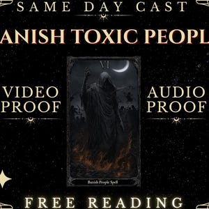 Puede incluir: Un anuncio de lectura de cartas del tarot con un fondo oscuro y detalles dorados. El anuncio presenta una carta del tarot con el número VI y una figura oscura con una túnica con capucha. El texto del anuncio dice "SAME DAY CAST BANISH TOXIC PEOPLE VIDEO PROOF AUDIO PROOF FREE READING".