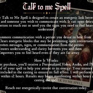 K&ouml;nnte beinhalten: Eine schwarze und goldene Grafik mit dem Text "Talk to me Spell" und einer Beschreibung der Vorteile des Zaubers, darunter das Herbeirufen von Kommunikation, das Beseitigen von energetischen Blockaden und das F&ouml;rdern von Verst&auml;ndnis. Die Grafik enth&auml;lt auch eine Beschreibung der Funktionsweise des Zaubers, die den Erhalt eines personalisierten Videos, Audios und Fotos als Beweis f&uuml;r den Zauber beinhaltet.