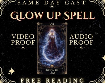 Puede incluir: Una carta de tarot negra y dorada con una mujer con un vestido blanco y un halo brillante. La carta está etiquetada como "XVI" y "Glow Up Spell". El texto "Video Proof" y "Audio Proof" también es visible en la imagen.