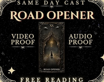 May include: A tarot card reading with the title "Road Opener" and the card number "XX". The card features a dark, gothic-style illustration of a keyhole and a woman walking through a doorway. The text "Video Proof" and "Audio Proof" are also included in the image.