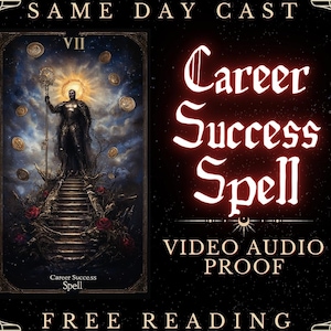 May include: A tarot card reading for career success with the VII of Wands card. The card features a dark figure standing on a staircase with a staff in hand. The background is dark with a starry sky and a golden sun. The text "Career Success Spell" is written in red.