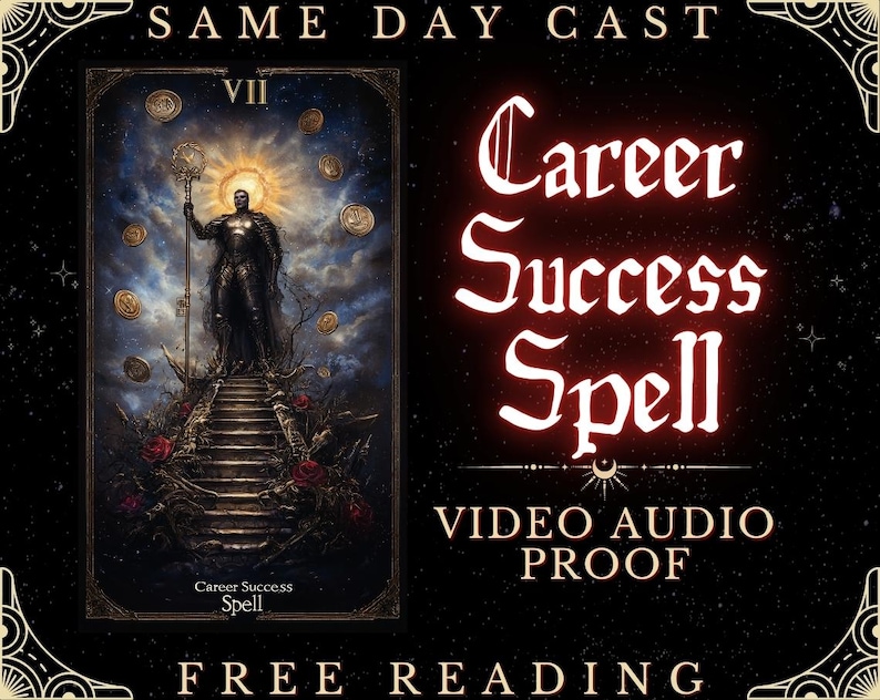 May include: A tarot card reading for career success with the VII of Wands card. The card features a dark figure standing on a staircase with a staff in hand. The background is dark with a starry sky and a golden sun. The text "Career Success Spell" is written in red.