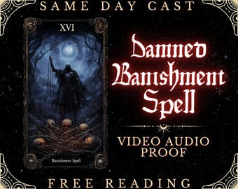 May include: A tarot card reading with the XVI card, The Tower, showing a dark figure in a black hooded robe standing in a dark forest with a full moon in the sky. The text "Damned Banishment Spell" is in red letters with the words "Video Audio Proof" below it. The text "Free Reading" is at the bottom of the image.