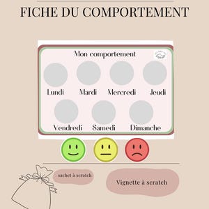 Peut inclure: Un tableau de comportement imprimable avec un espace vide pour chaque jour de la semaine. Le tableau comporte un smiley vert, jaune et rouge en bas. Le texte sur le tableau dit "Les crealili" et "FICHE DU COMPORTEMENT".