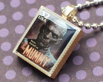 Halloween Charm, The Mummy Scrabble Necklace, Classic Movie Monster, Handmade Scrabble Tile Pendant, Upcycled Game Piece, Postage Stamp Art