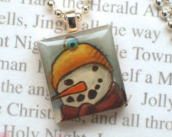Snowman Scrabble Pendant, Handcrafted Necklace, Upcycled Wood Tile Charm, Snowman Face, Tiny Jewelry, Wood Gamepiece, Snowman Lover Gift