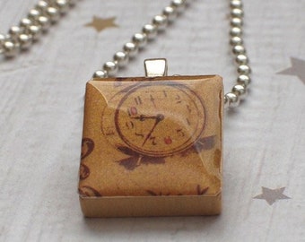 Alarm Clock Scrabble Pendant, Handmade, Scrabble Tile Necklace, Upcycled Game Piece, Wood Tile Pendant, Retro Vintage Look, Shimmer Gold