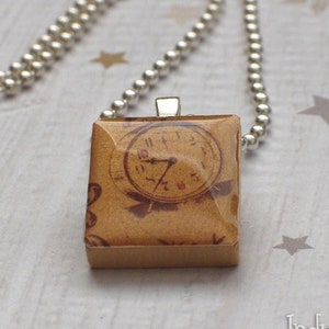 Alarm Clock Scrabble Pendant, Handmade, Scrabble Tile Necklace, Upcycled Game Piece, Wood Tile Pendant, Retro Vintage Look, Shimmer Gold image 1