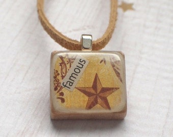 Star Scrabble Necklace, Handmade, Tiny Collage, famous, Scrabble Tile Pendant, Upcycled Game Piece, Vintage-Look, Star Charm, Shimmer Gold
