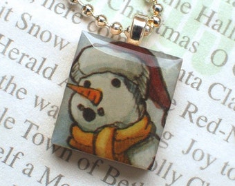 Snowman Scrabble Necklace, Upcycled Wood Game Piece, Handmade Tile Pendant, Tiny Charm, Snowman Face, Scrabble Jewelry, Snowman Lover Gift