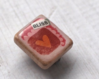 Heart Scrabble Pin, Handmade, BLISS, Scrabble Brooch, Tiny Collage, Distressed-Look, Wood Tile Badge, Upcycled Game Piece, Heart Lover Gift