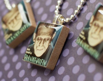 Classic Movie Monster Scrabble Necklace, Handmade Scrabble Charm, Upcycled Wood Game Piece, Postage Stamp Art, Monster Lover, FRANKENSTEIN