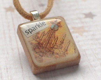 Chandelier Scrabble Necklace, Handmade Scrabble Tile Pendant, Collage Wood Tile, sparkle, Vintage-Look, Upcycled Game Piece, Shimmer Gold