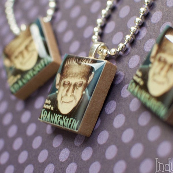 Classic Movie Monster Scrabble Necklace, Handmade Scrabble Charm, Upcycled Wood Game Piece, Postage Stamp Art, Monster Lover, FRANKENSTEIN