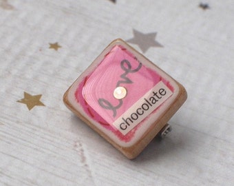 Scrabble Tile Pin, Scrabble Brooch, Tiny Collage, love chocolate, Handmade, Upcycled Game Piece, Wood Badge, Lapel Pin, Scrabble Enthusiast