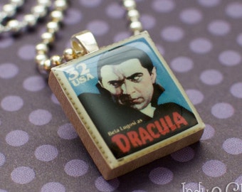 Halloween Scrabble Tile Pendant, Classic Movie Monster, Postage Stamp Art, Upcycled Game Piece, DRACULA Monster Charm, Scrabble Jewelry