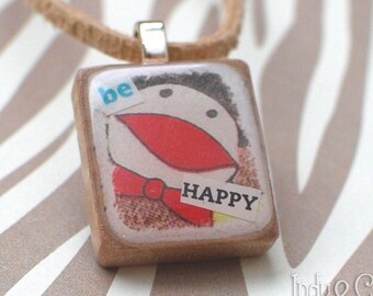 Sock Monkey Scrabble Pendant, Handmade, Tiny Collage, be HAPPY, Scrabble Tile Jewelry, Upcycled Game Piece, Distressed Look, Big Smile Charm