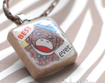 Sock Monkey Scrabble Pendant, Handmade, Tiny Collage, BEST ever, Scrabble Tile Necklace, Upcycled Game Piece, Distressed-Look, Monkey Face