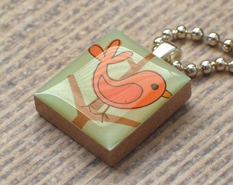 Coral Bird Scrabble Necklace, Bird on Branch, Handmade Scrabble Tile Pendant, Bird Charm, Upcycled Game Piece, Wood Tile Jewelry, Bird Lover