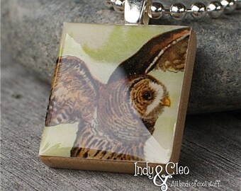 Barred Owl Scrabble Necklace, Scrabble Pendant, Woodland Creature, Postal Stamp Art, Upcycled Game Piece, Owl Charm, Bird Jewelry, Owl Lover