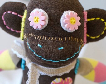 Handmade Sock Monkey Doll, Stuffed Animal, Plushie, Sock Monkey Toy, Art Doll, Home Decor, Desk Decor, Shelfie, Monkey Lover Gift, PENELOPE