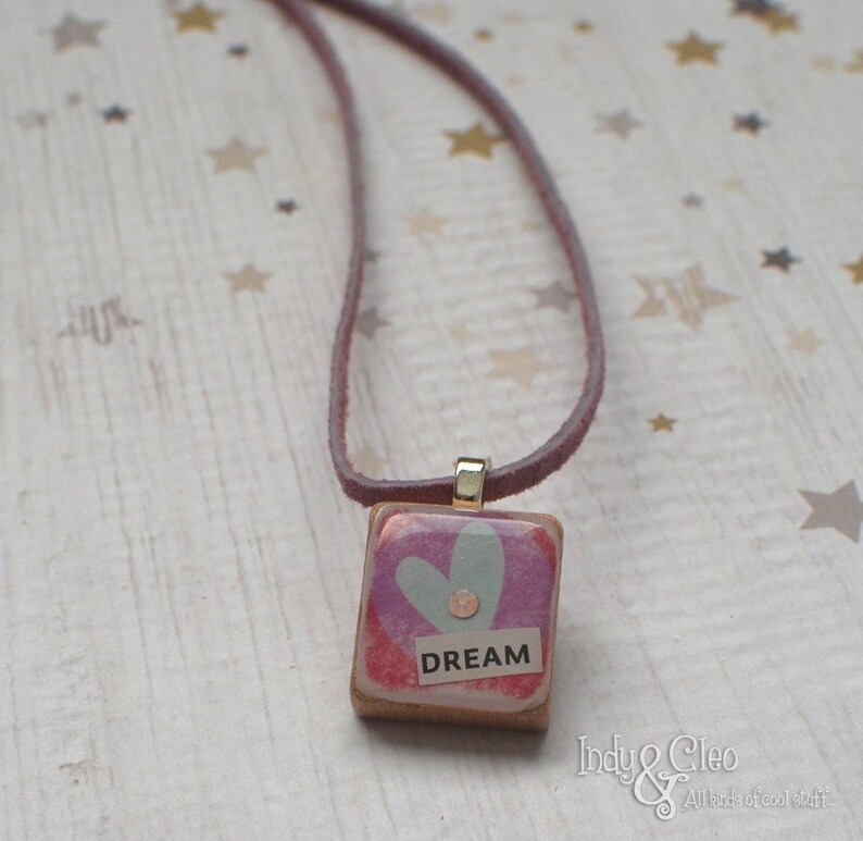 Boho Heart Scrabble Necklace, Handmade, Tiny Collage, DREAM, Scrabble Tile Pendant, Upcycled Game Piece, Distressed-Look, Heart Lover Charm image 1