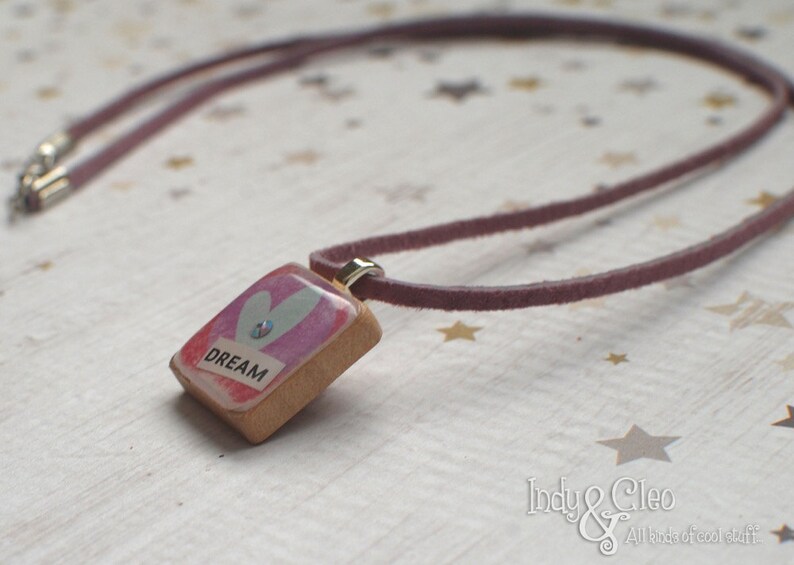 Boho Heart Scrabble Necklace, Handmade, Tiny Collage, DREAM, Scrabble Tile Pendant, Upcycled Game Piece, Distressed-Look, Heart Lover Charm image 2