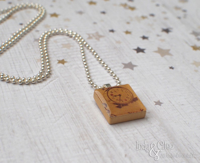 Alarm Clock Scrabble Pendant, Handmade, Scrabble Tile Necklace, Upcycled Game Piece, Wood Tile Pendant, Retro Vintage Look, Shimmer Gold image 3