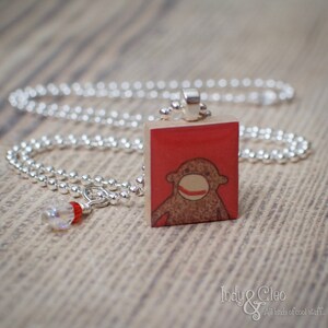 Tiny Sock Monkey Scrabble Pendant, Upcycled Game Piece, Wood Scrabble Tile Necklace, Handmade, Good Luck Charm, Smile, Sock Monkey Lover image 3