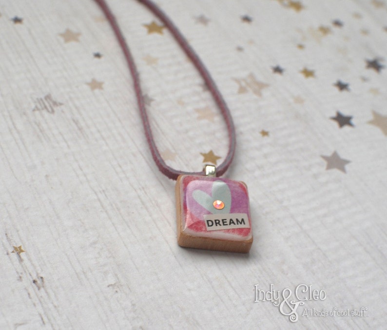 Boho Heart Scrabble Necklace, Handmade, Tiny Collage, DREAM, Scrabble Tile Pendant, Upcycled Game Piece, Distressed-Look, Heart Lover Charm image 4